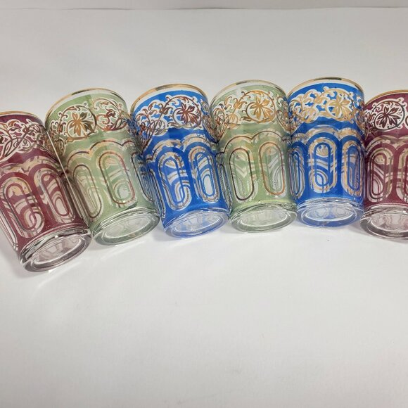 Set of 6 Vintage Moroccan Tea Glasses – Red, Green & Blue with Gold Gilding - Picture 8 of 11